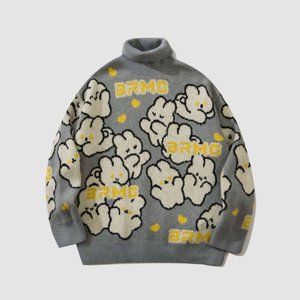 Cute Letters & Rabbit/Bunny Pattern Turtleneck Sweater L